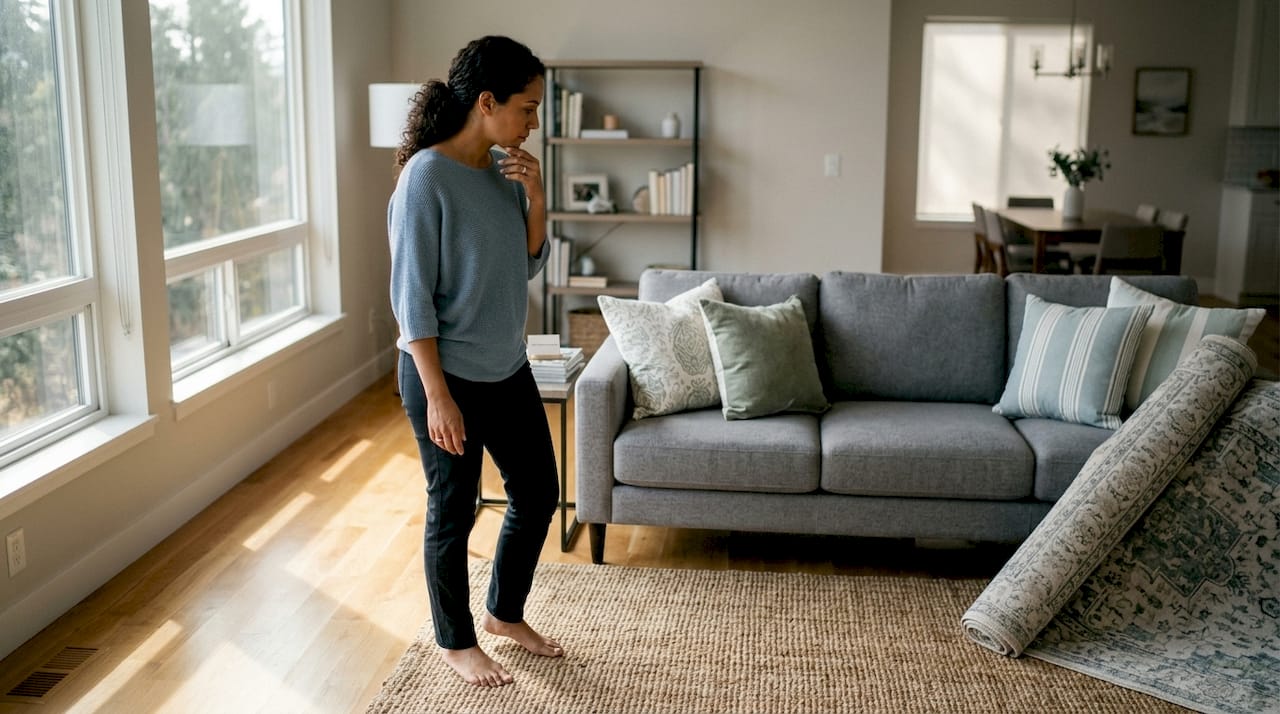 Hands measuring sofa clearance in open plan