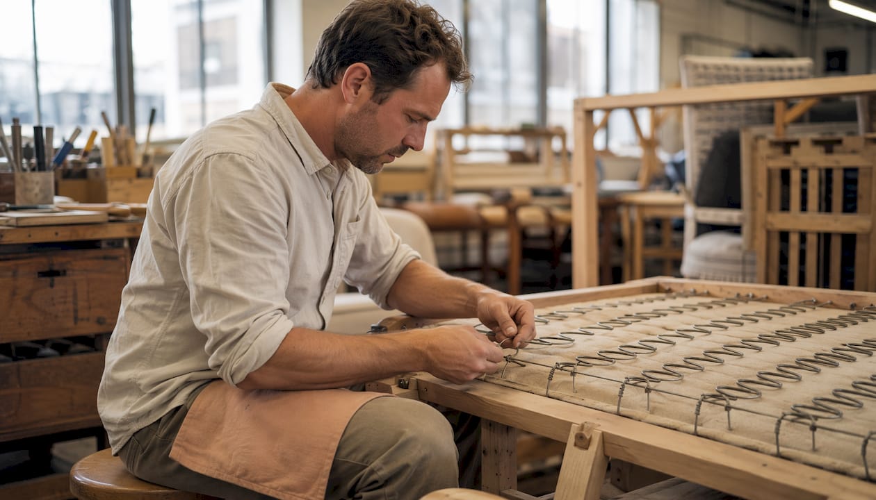 Worker fitting springs in sofa frame