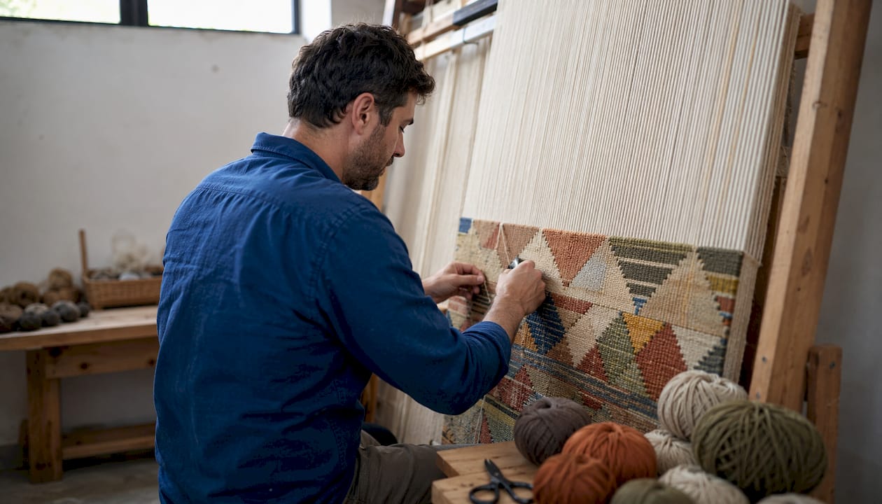 Hands weaving colorful Kilim flat weave