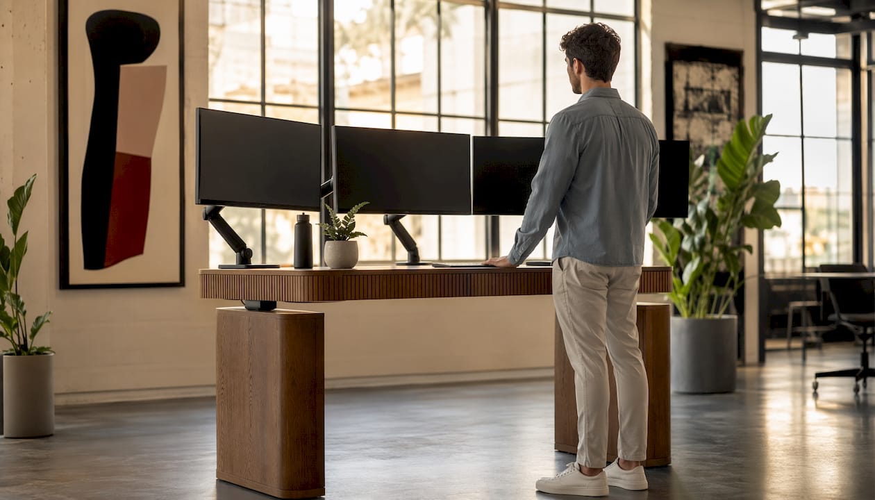 Side view of standing desk with multiple monitors placed at different distances