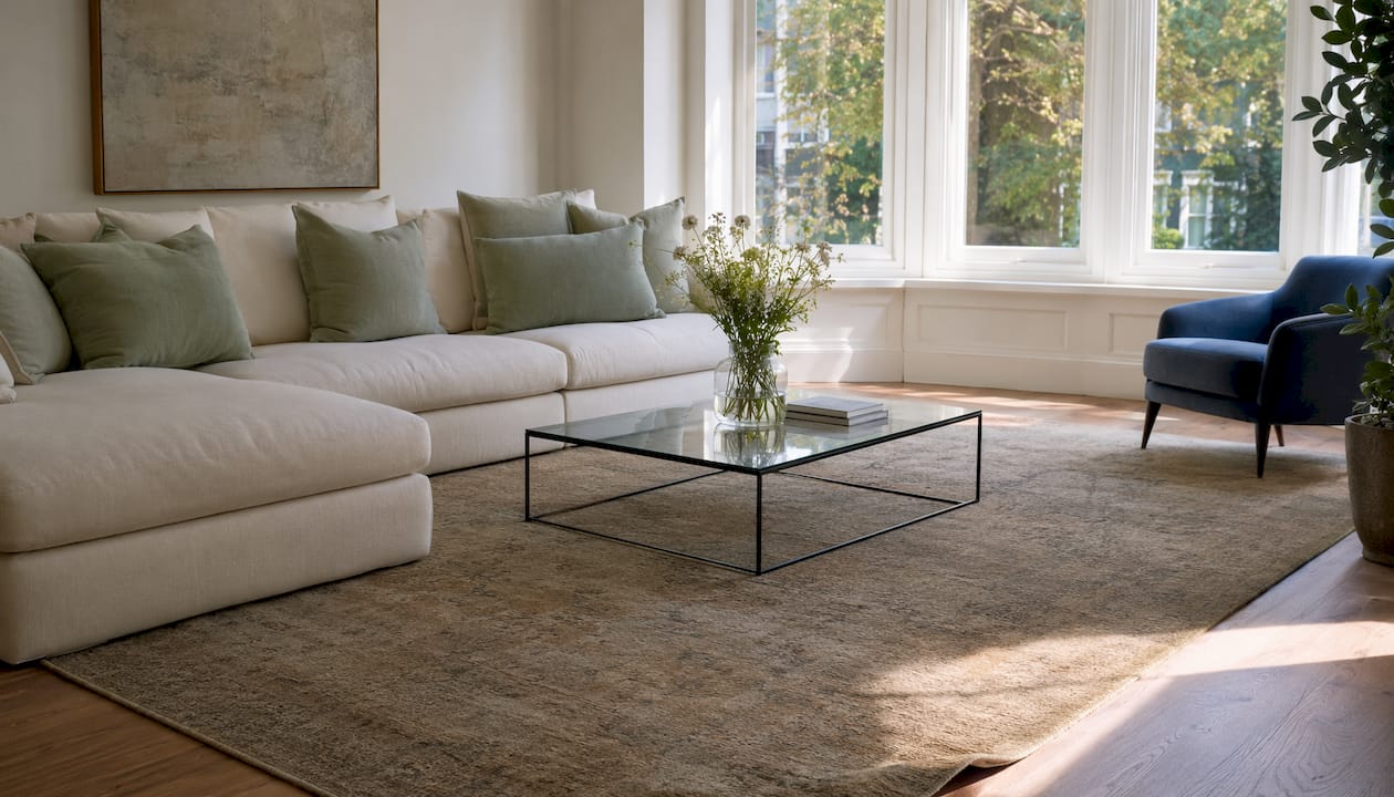 Overhead view of rug fitting luxury great room furniture