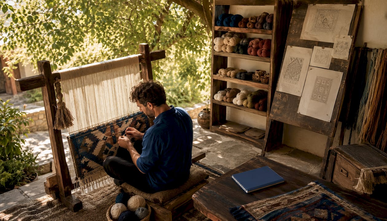Artisan weaving wool rug up close