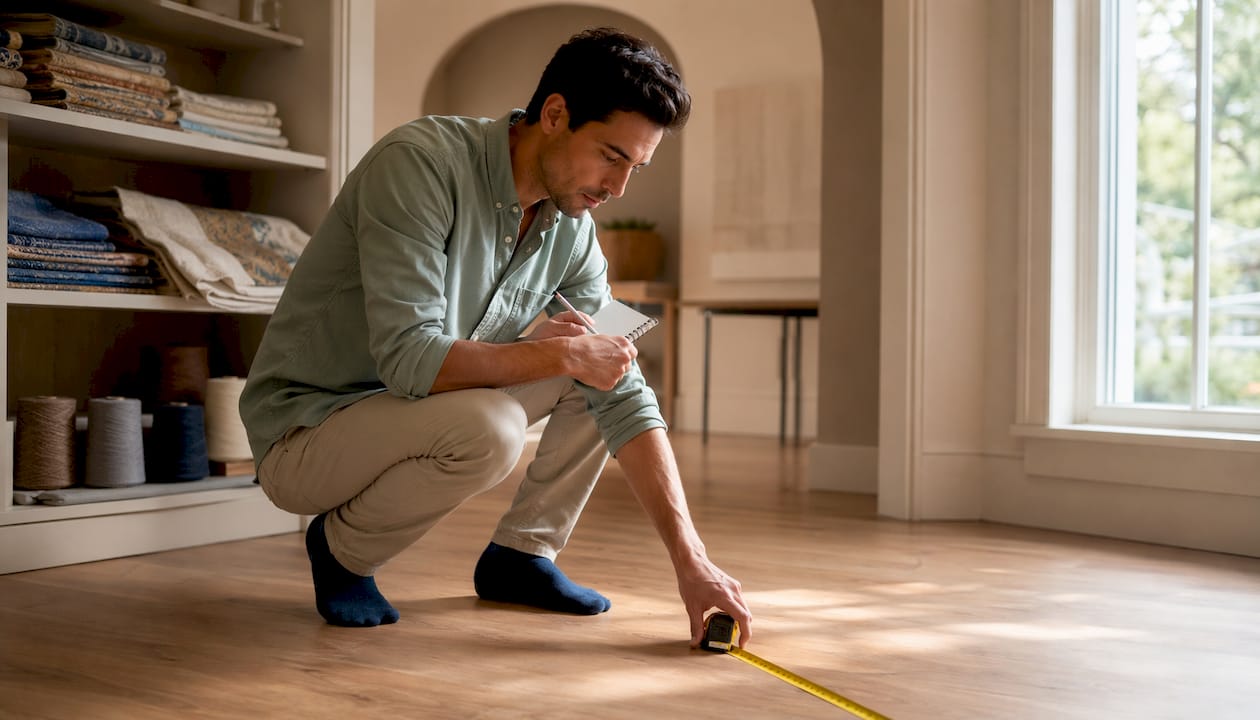 Man measuring floor for custom rug fit