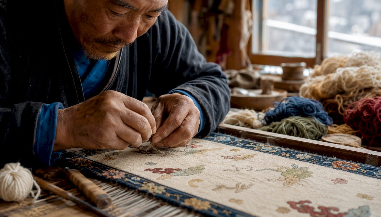 Close-up hands knotting a handmade rug