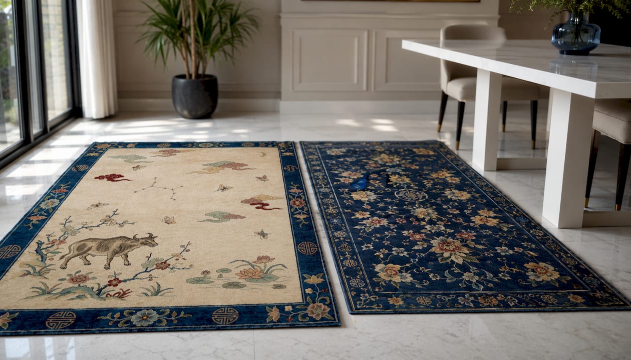 Side-by-side natural and synthetic rugs