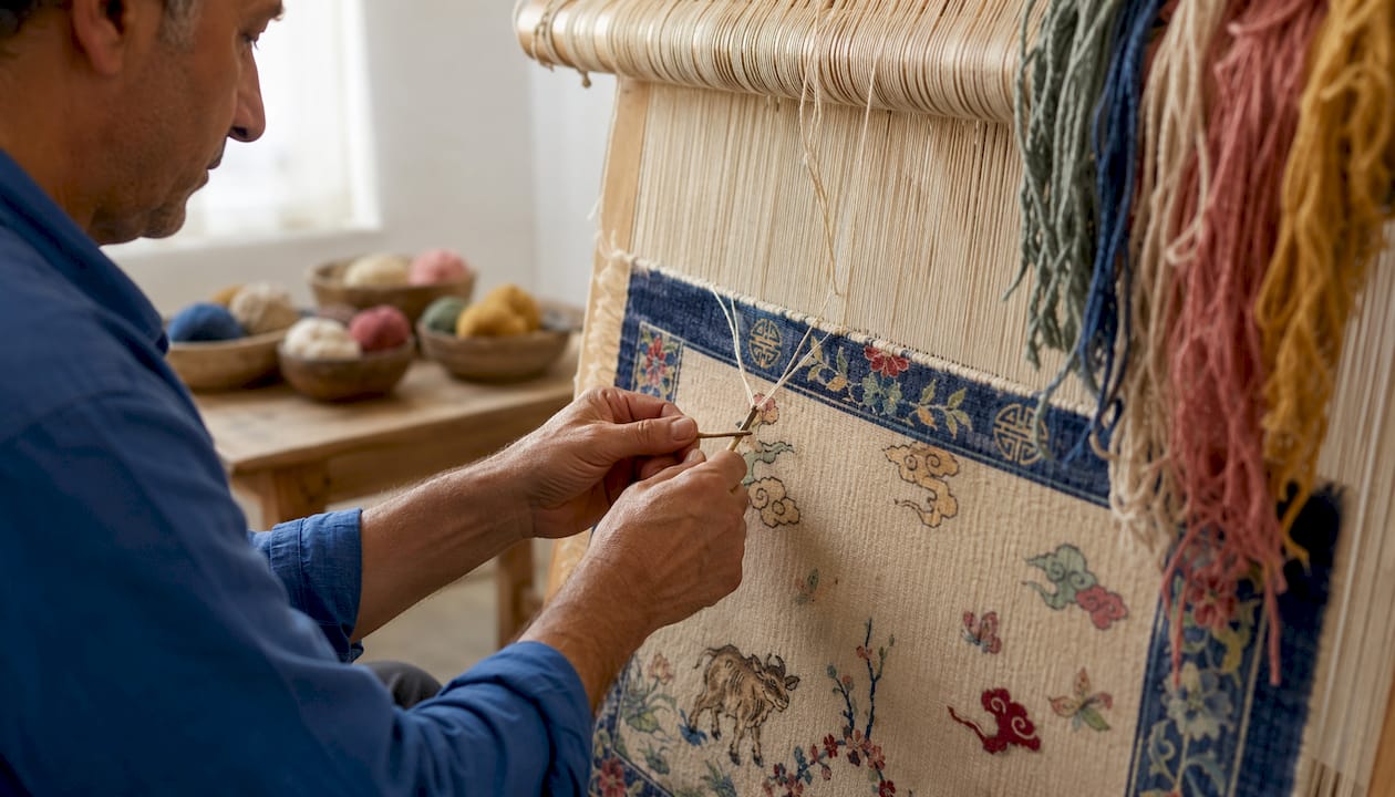 Close-up of hands tying knots on loom