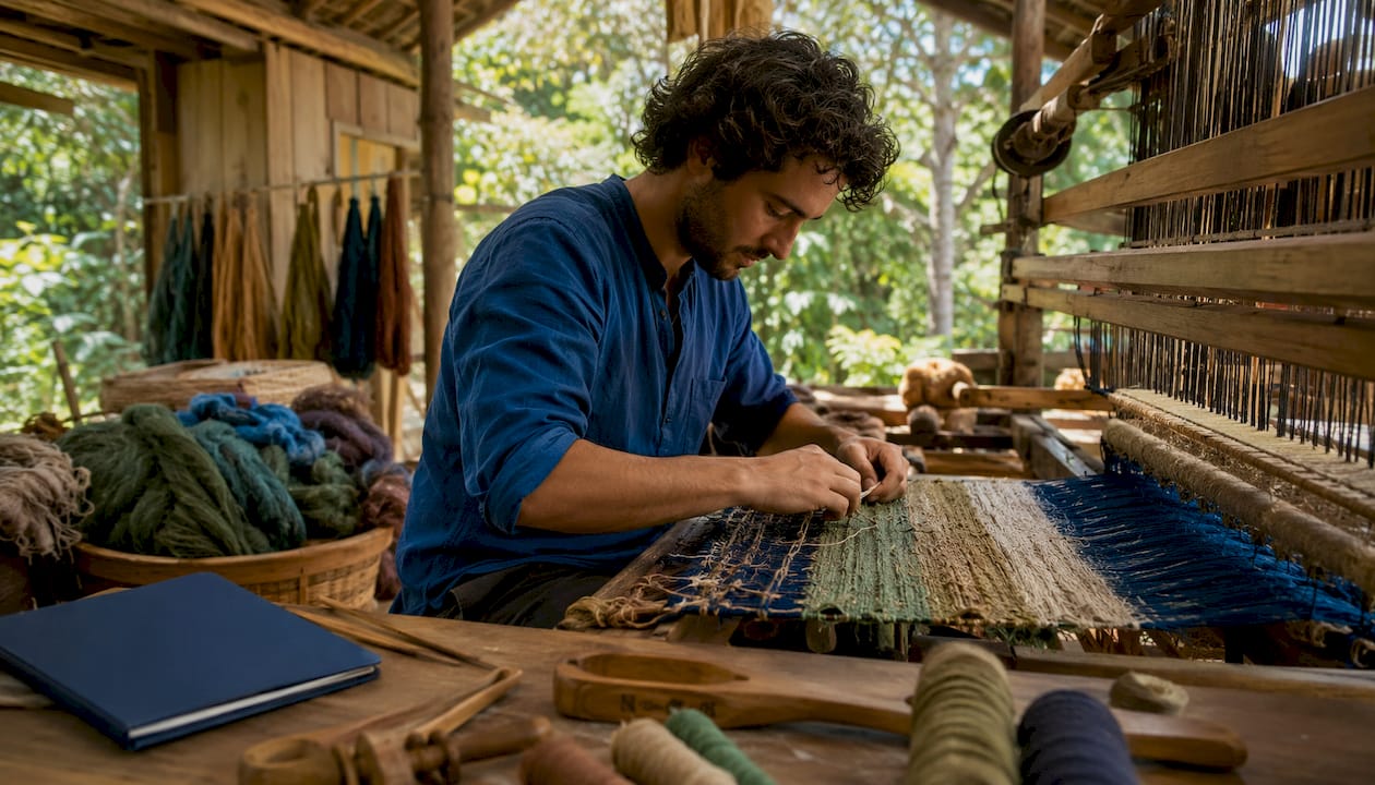 Hands weaving bespoke luxury textile on loom