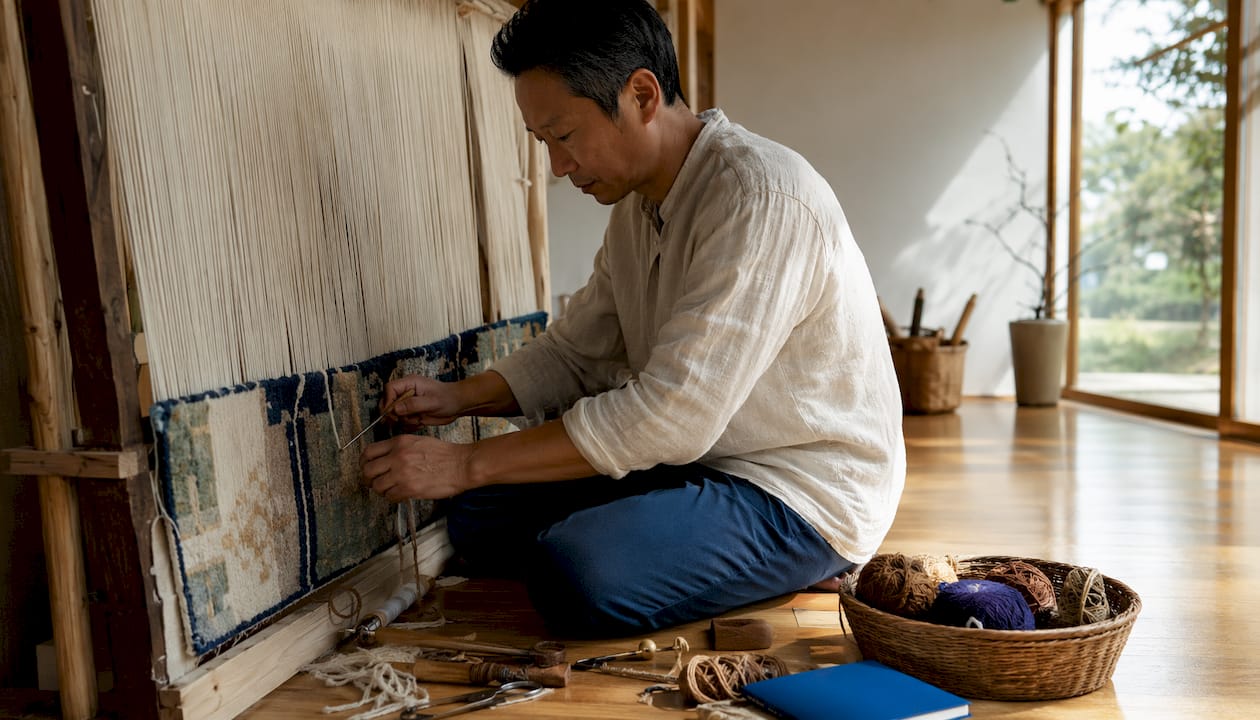 Close-up of artisan hand-weaving wool rug