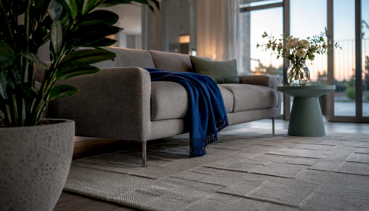 Side profile of sofa front legs on rug placement
