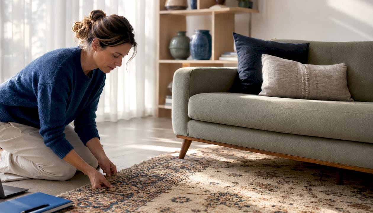 Hands adjusting rug under sofa legs