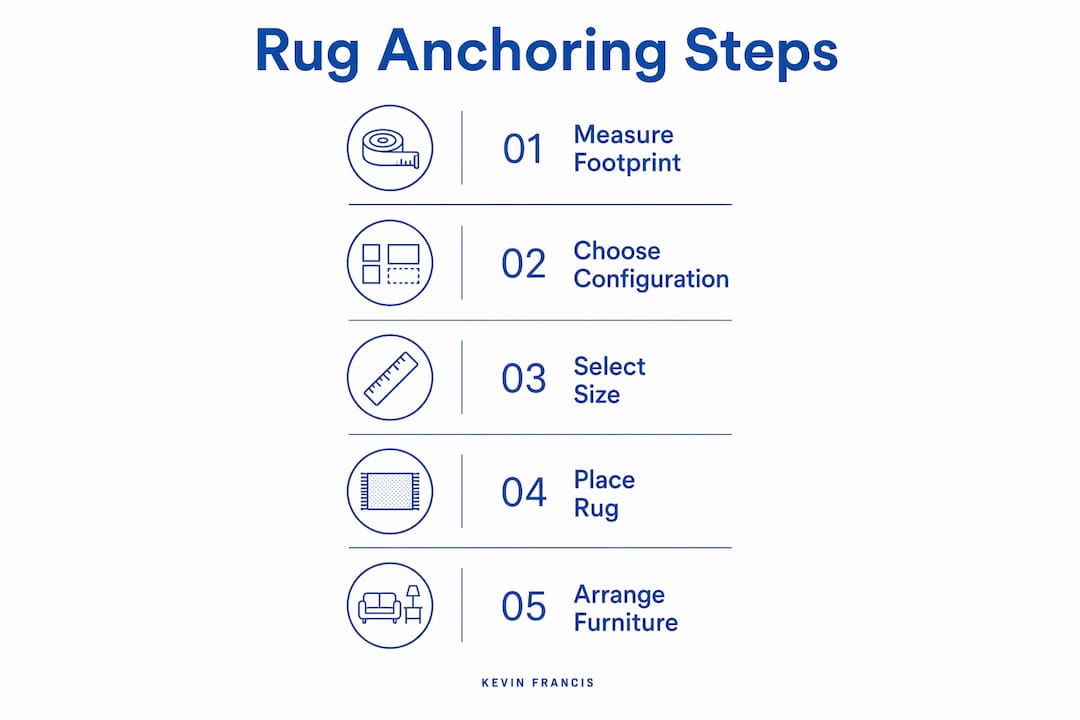 Infographic illustrating steps to anchor furniture with a rug