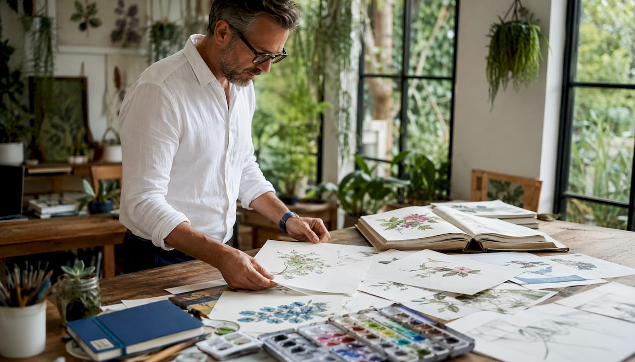 Designer arranging botanical textile sketches
