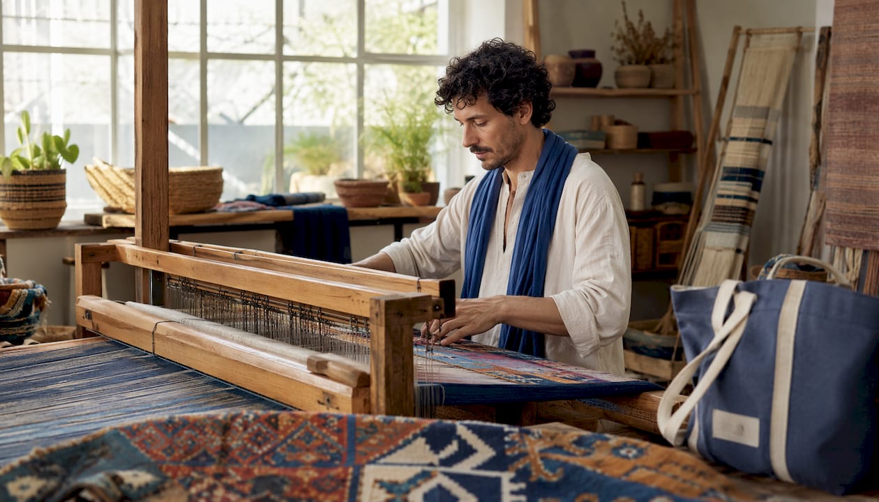 Hands weaving folk-motif textile on loom