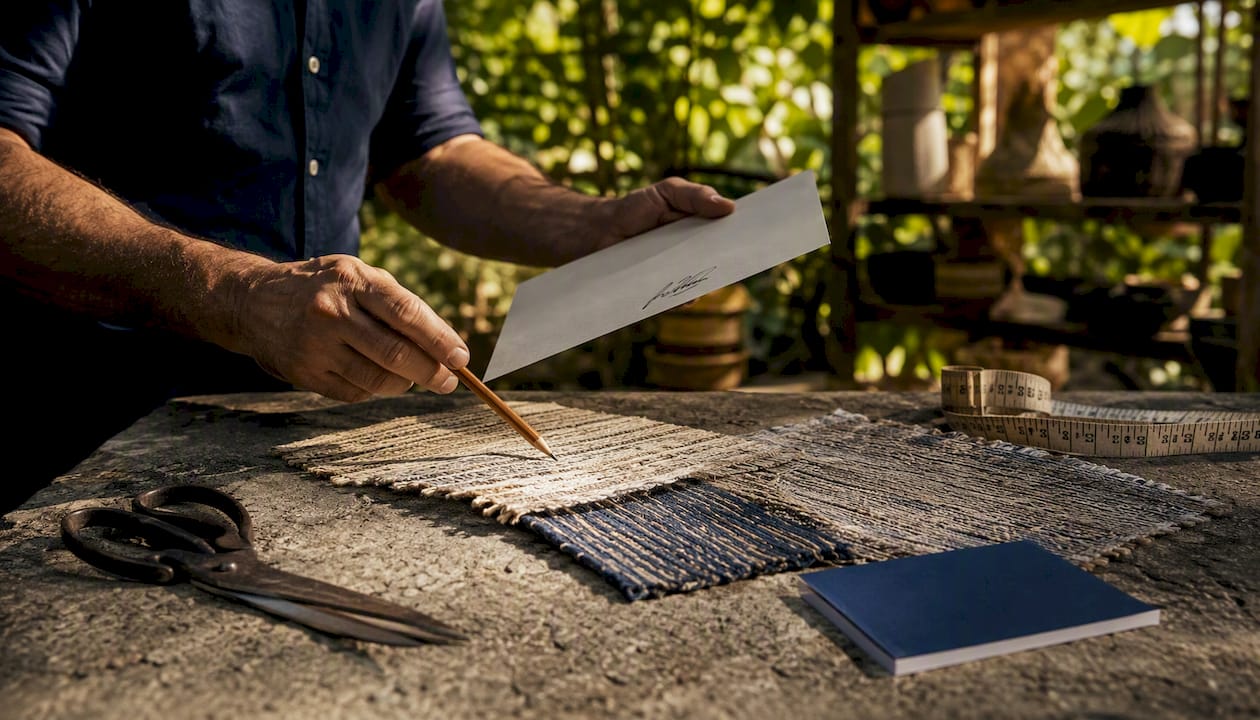 Artisan's hands holding provenance certificate and textile samples