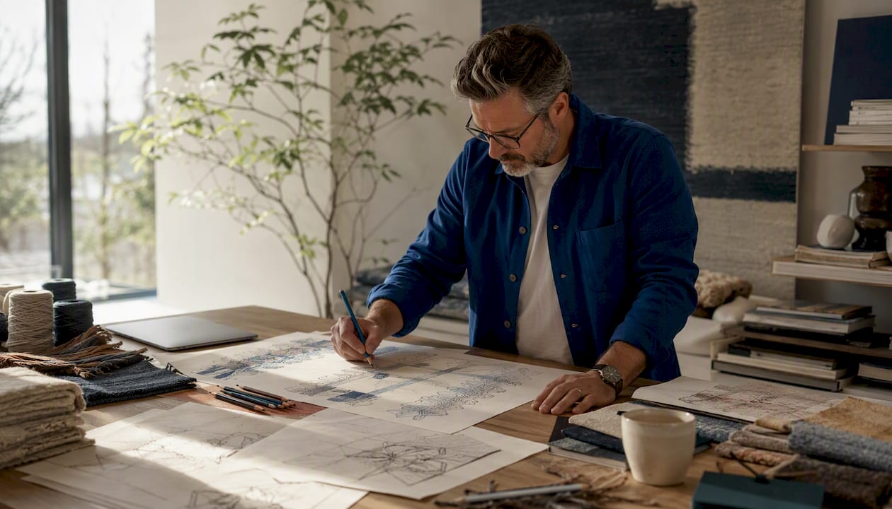 Designer sketching bespoke rug patterns