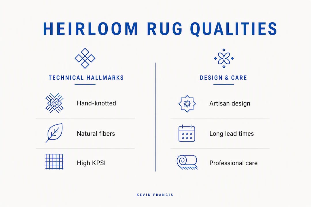 Infographic comparing heirloom rug qualities categories
