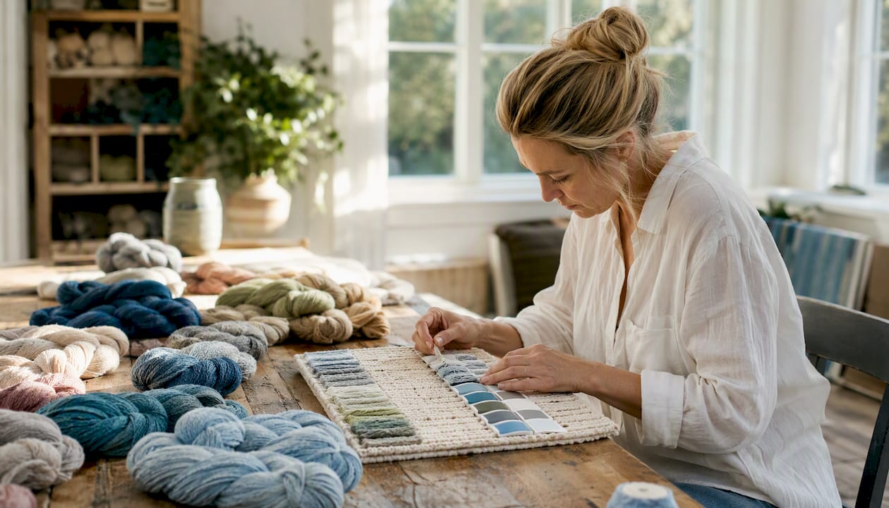 Artisan matching yarn colors in studio