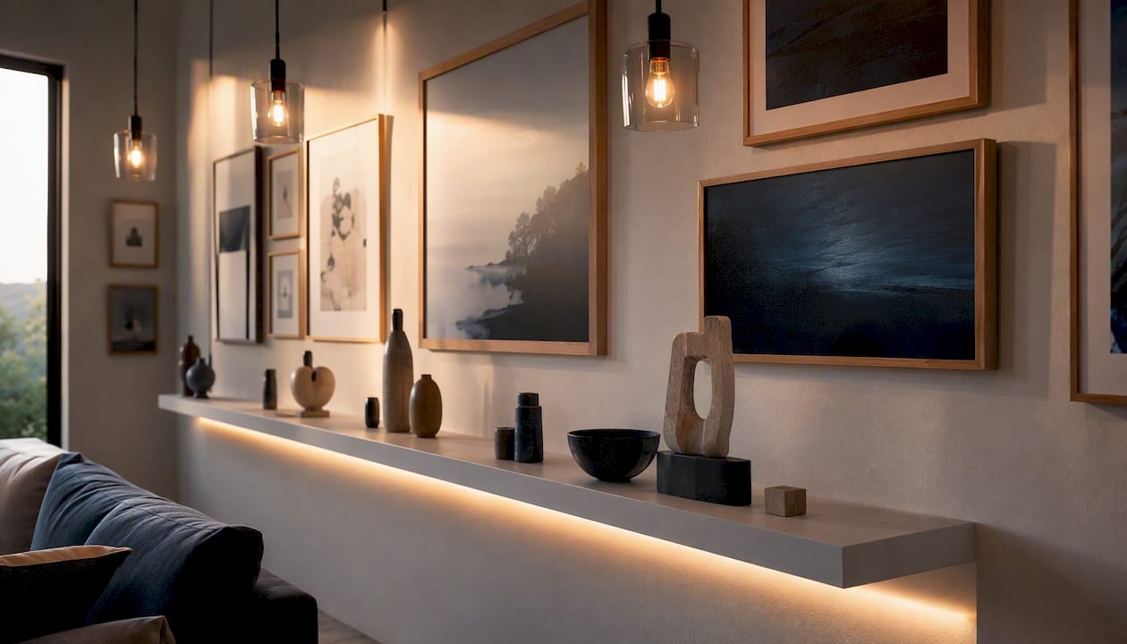Layered lighting on gallery wall and sculptures