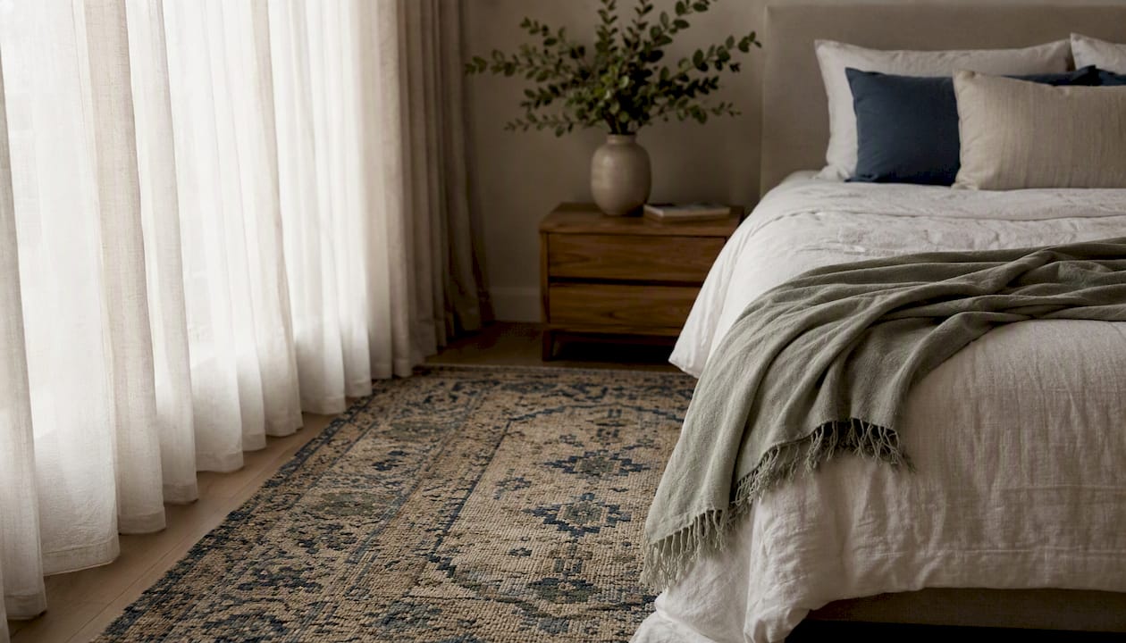 Handwoven wool rug beside hotel bed