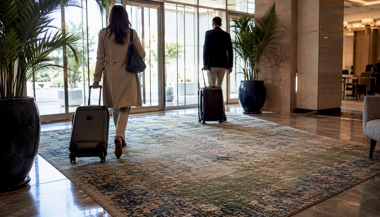 Hand-knotted rug in hotel lobby under luggage wheel