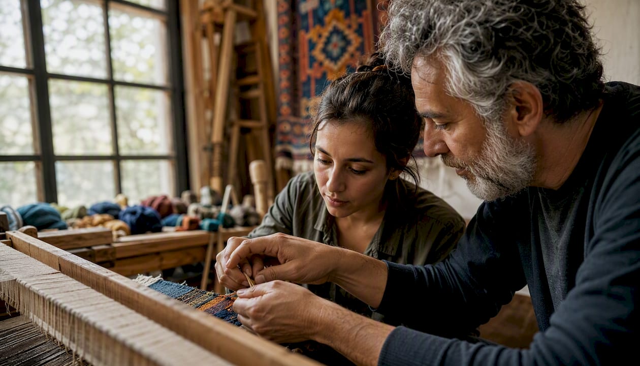 Master artisan teaching apprentice hand-knotting