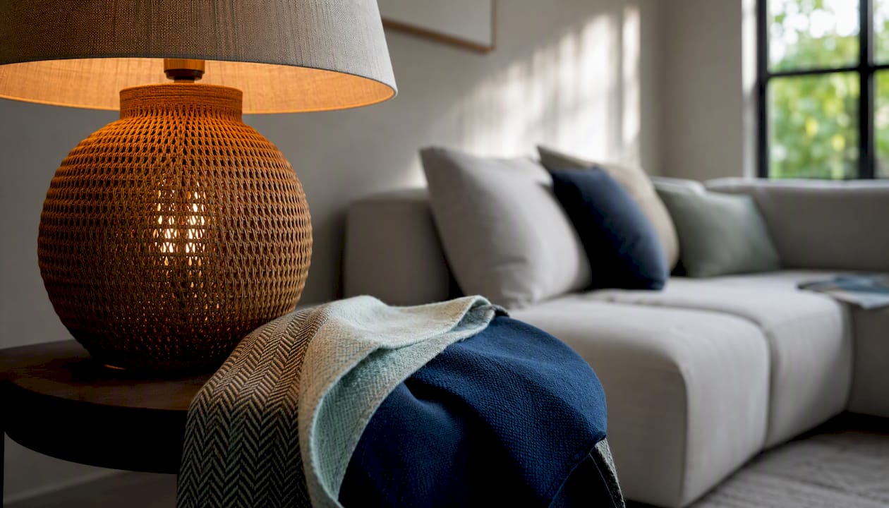 Woven rattan table lamp on luxury side table