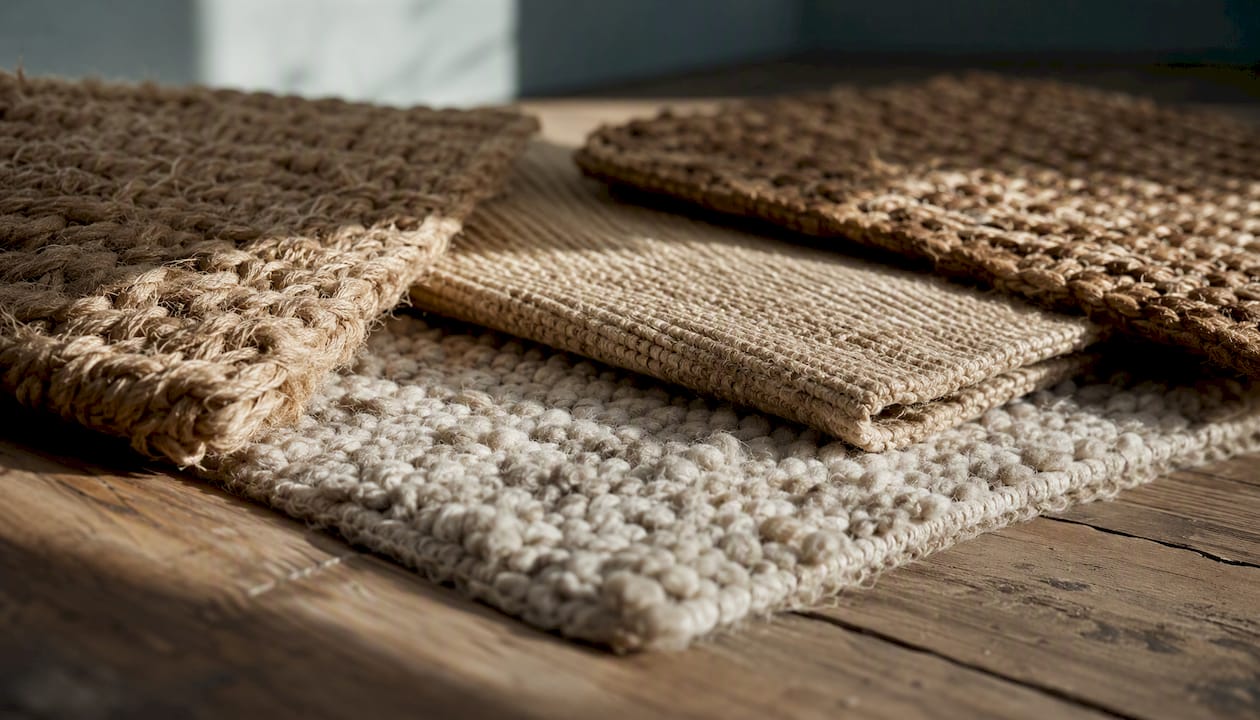 Close-up of jute sisal seagrass and wool rug textures