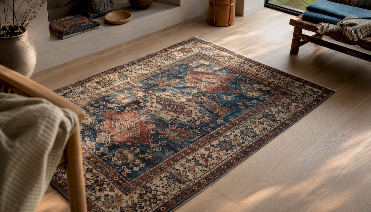 Hand-knotted rug showing Turkish geometric patterns