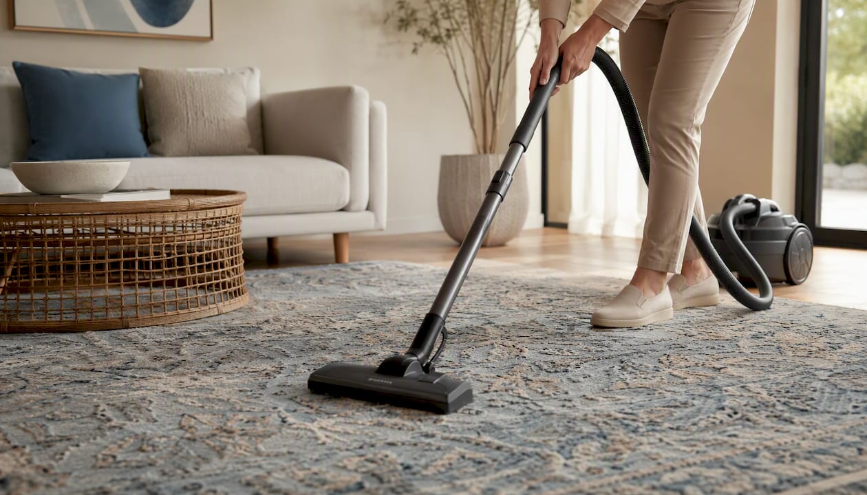 Vacuuming hand-knotted wool rug carefully