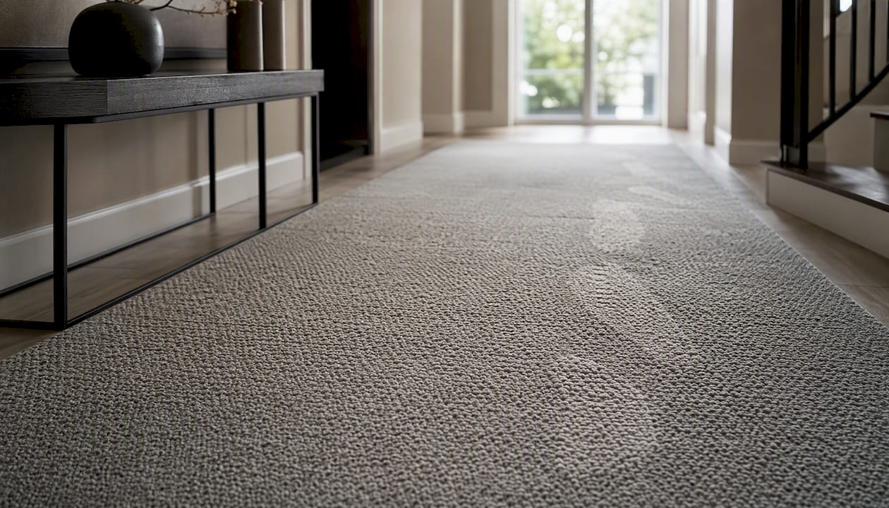 Close-up of low loop pile rug in hallway