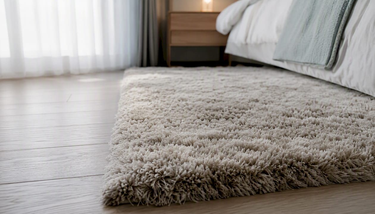 High pile plush rug beside bed in morning light