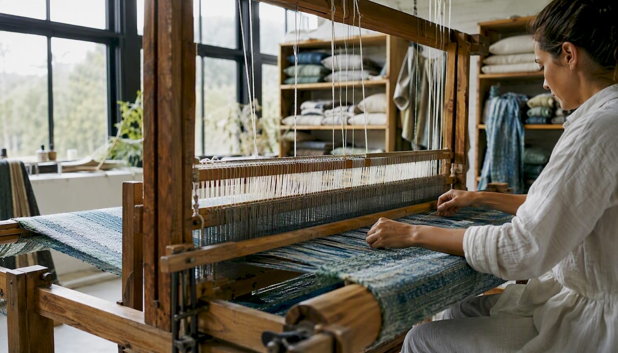 Hands weaving sustainable wool textiles in artisan workshop