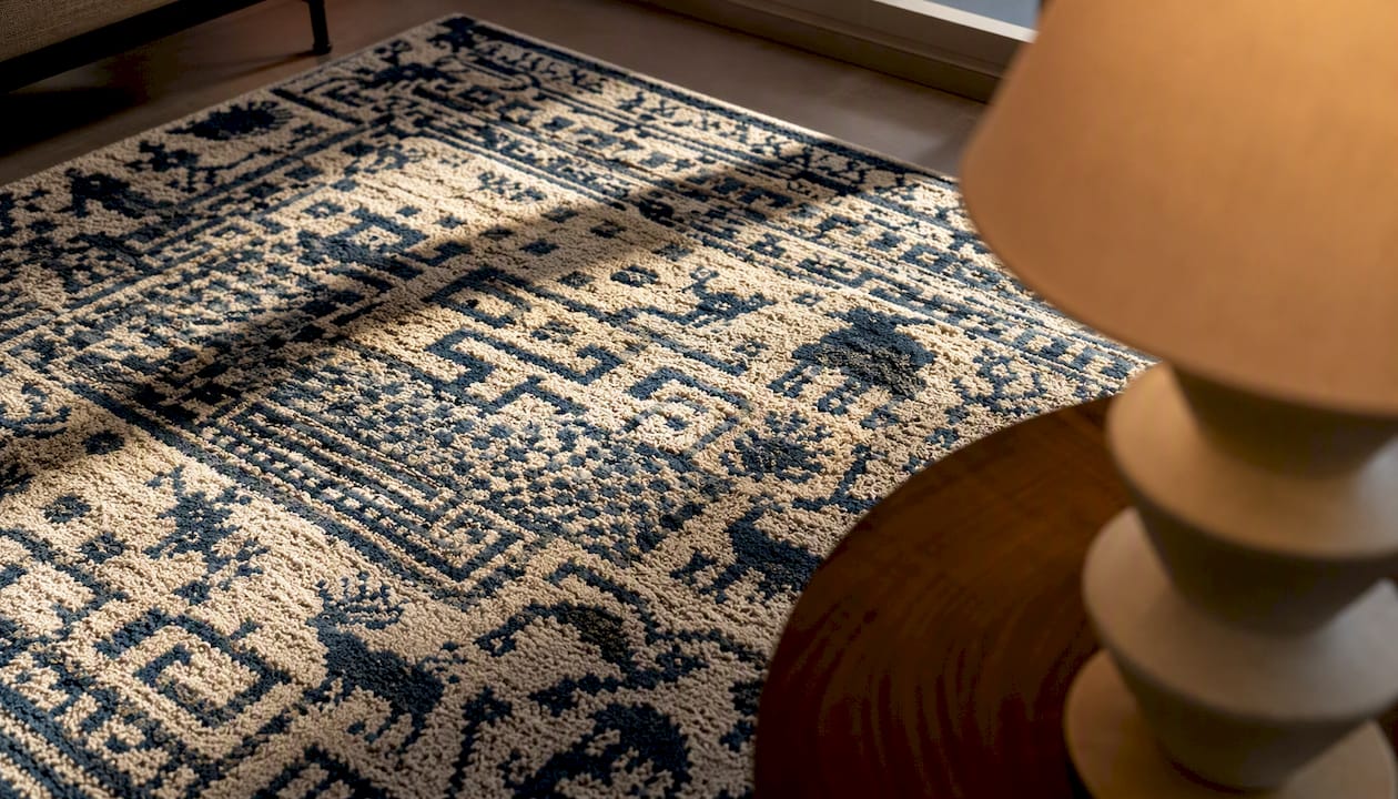 Detailed close-up of artisan hand-knotted luxury hospitality rug