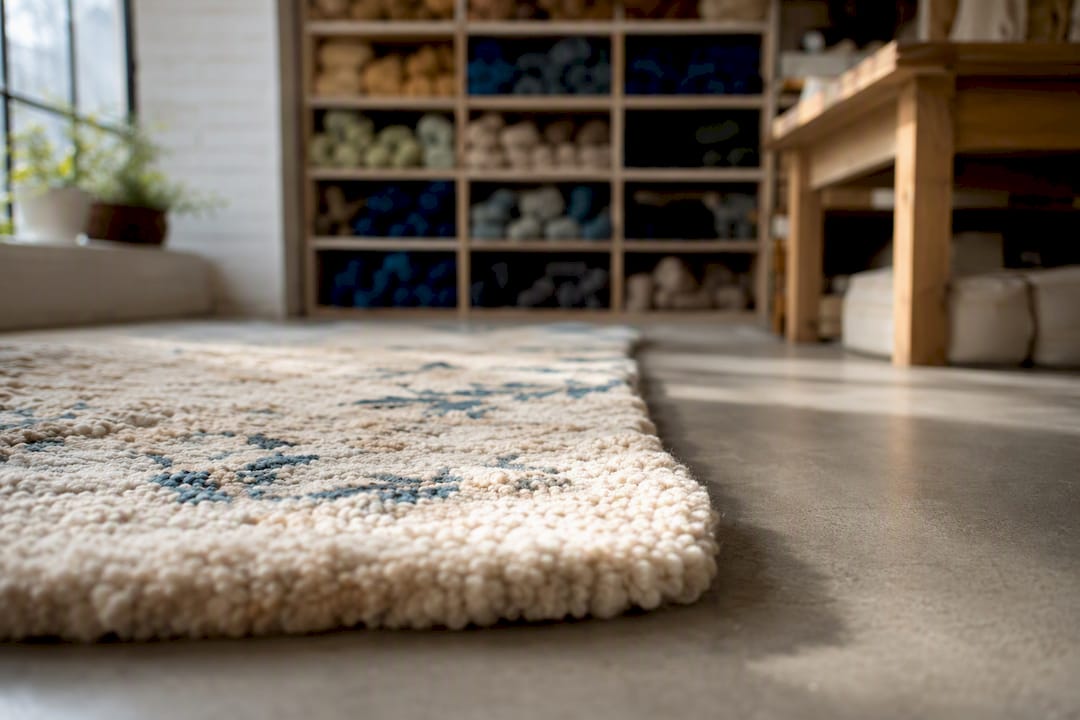 Close-up texture of handcrafted wool rug edge