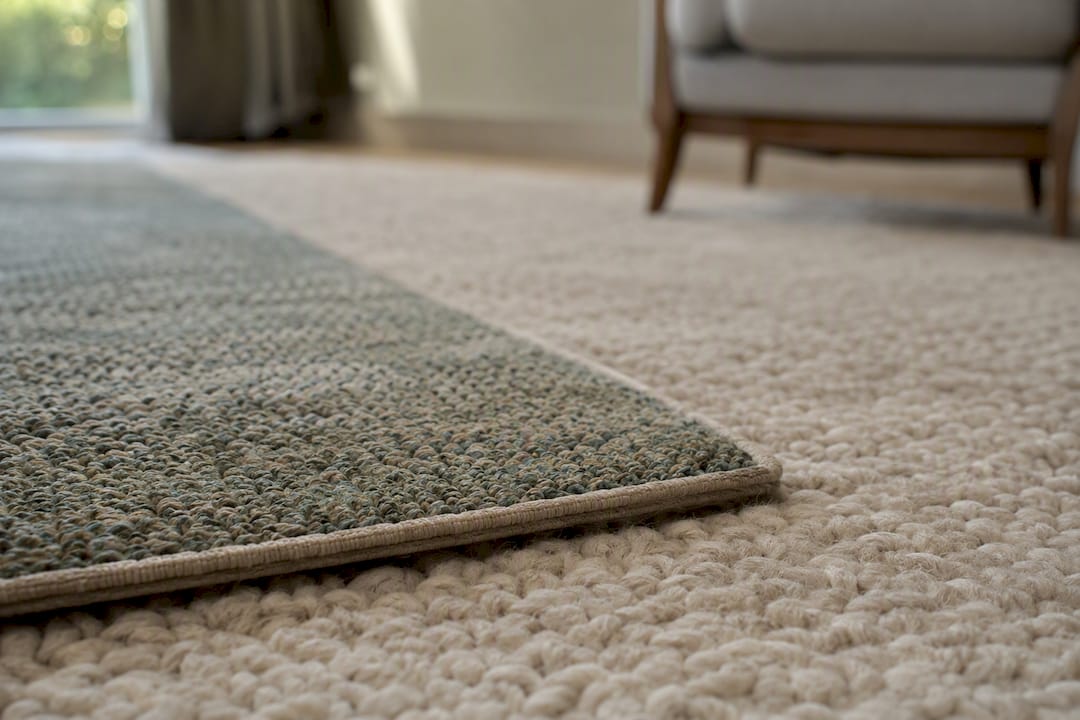 Bound edge finish on a layered rug setup