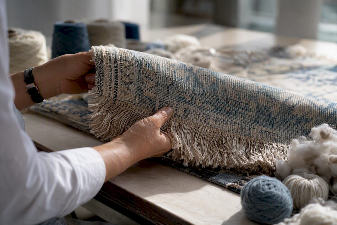 Hands flipping handmade rug showing knots