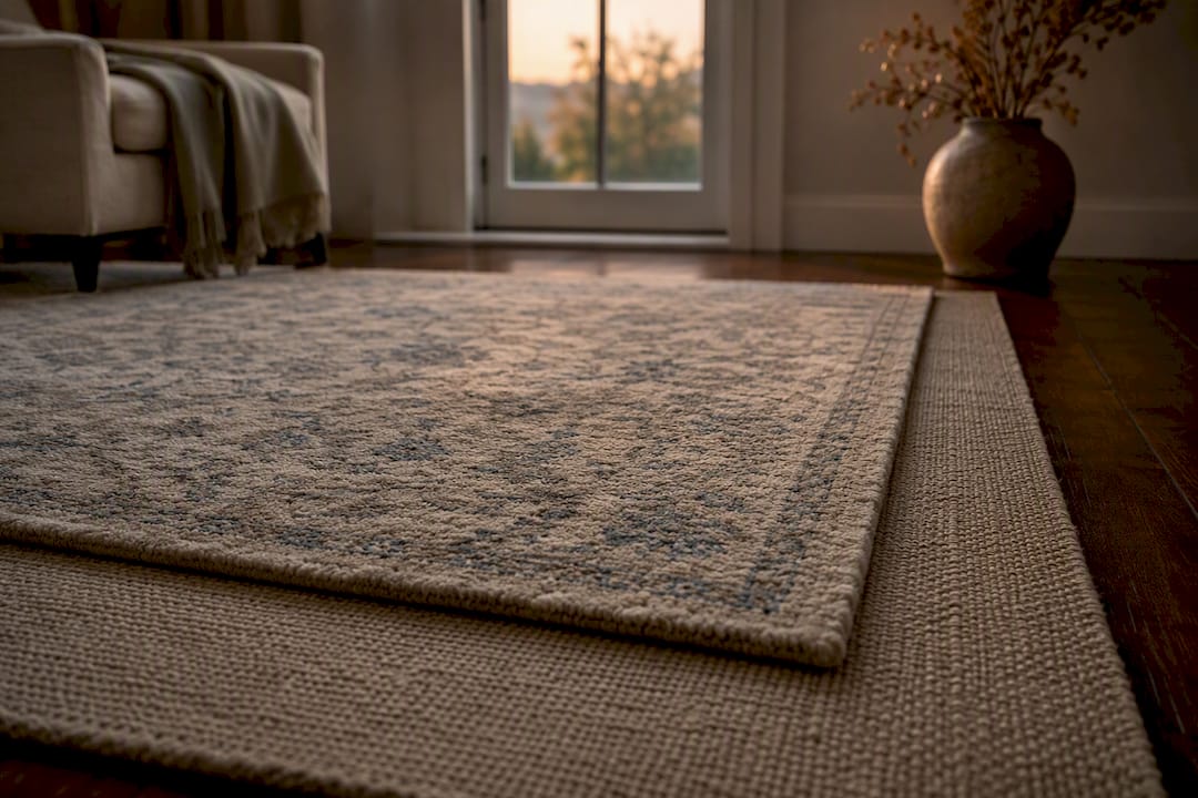 Hand-knotted wool top rug layered on flat-weave base