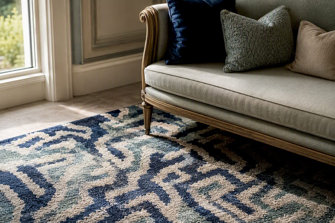 Close-up of rug detail with complementary pillows nearby
