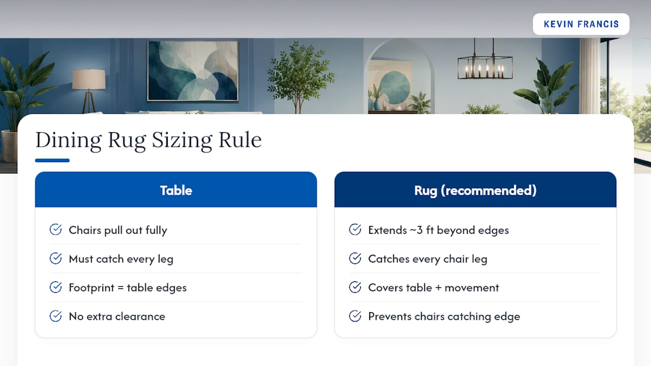 Diagram of dining rug size relative to table and chairs