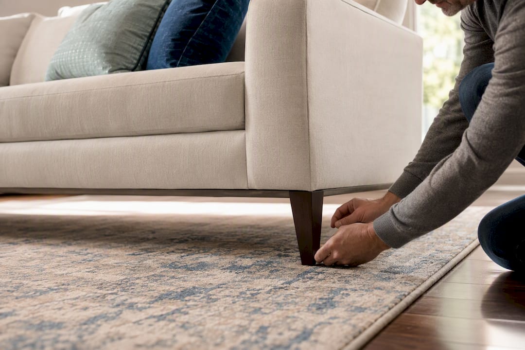 Living room sofa front legs positioned on rug