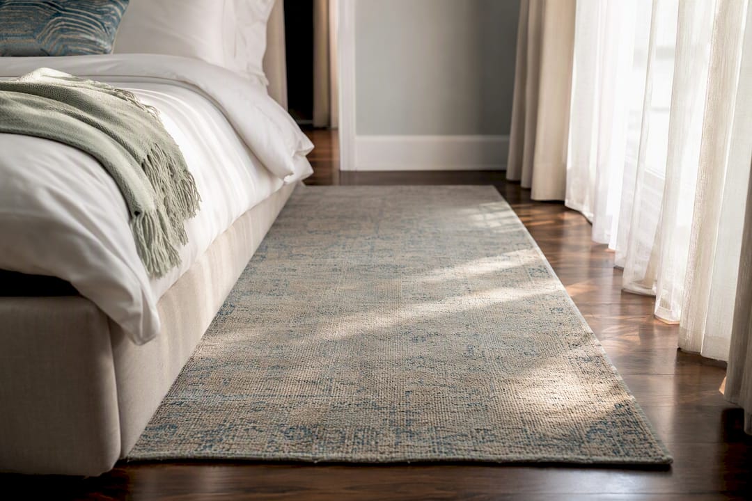 Close-up of luxury rug edge beyond bed frame