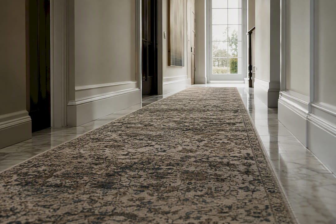 Narrow hallway with runner rug central layout