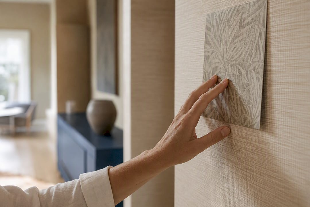 Hand pressing wallpaper sample on wall