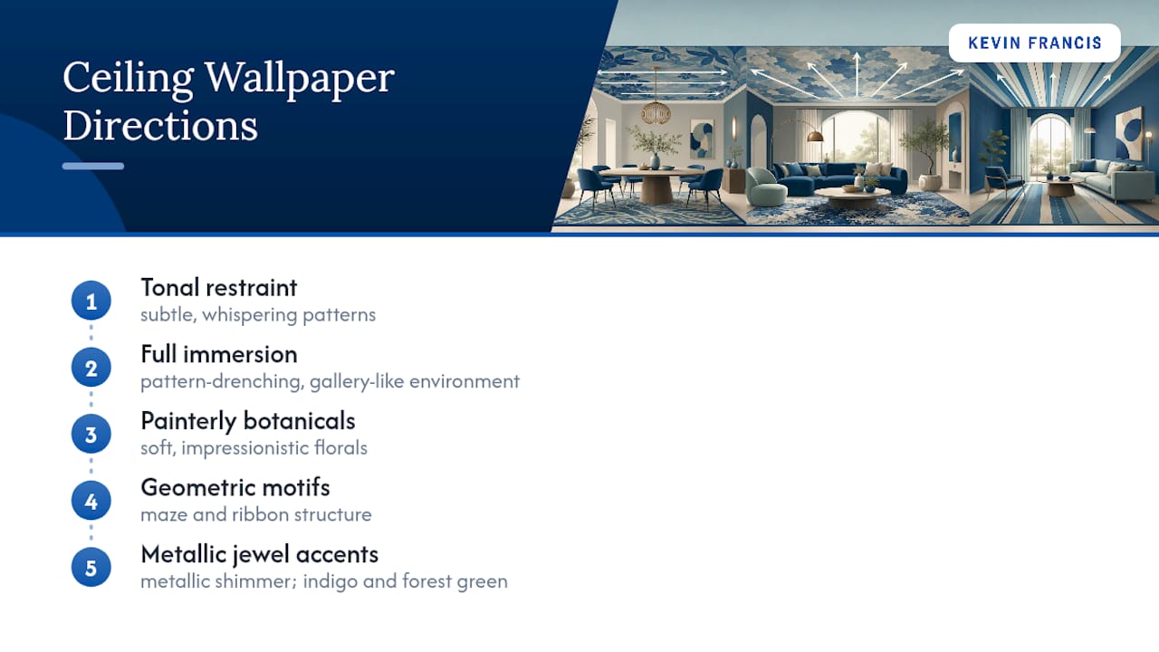 Five ceiling wallpaper style directions