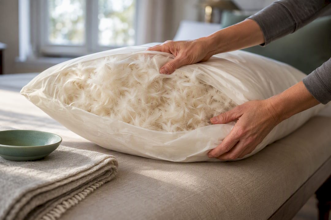 Hands fluffing a feather pillow insert