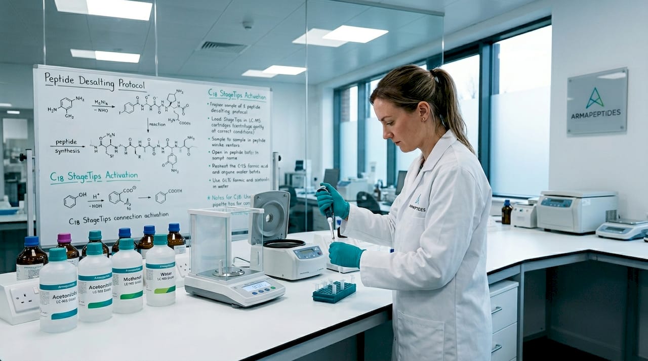 Hands handling C18 StageTips for peptide desalting