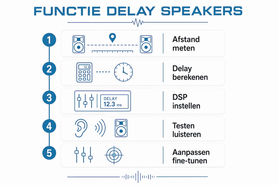 Infographic met een stappenplan voor het instellen van een delay speaker