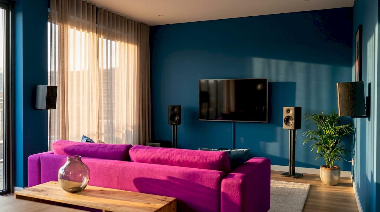 Woonkamer waarin de speakers perfect zijn opgesteld
