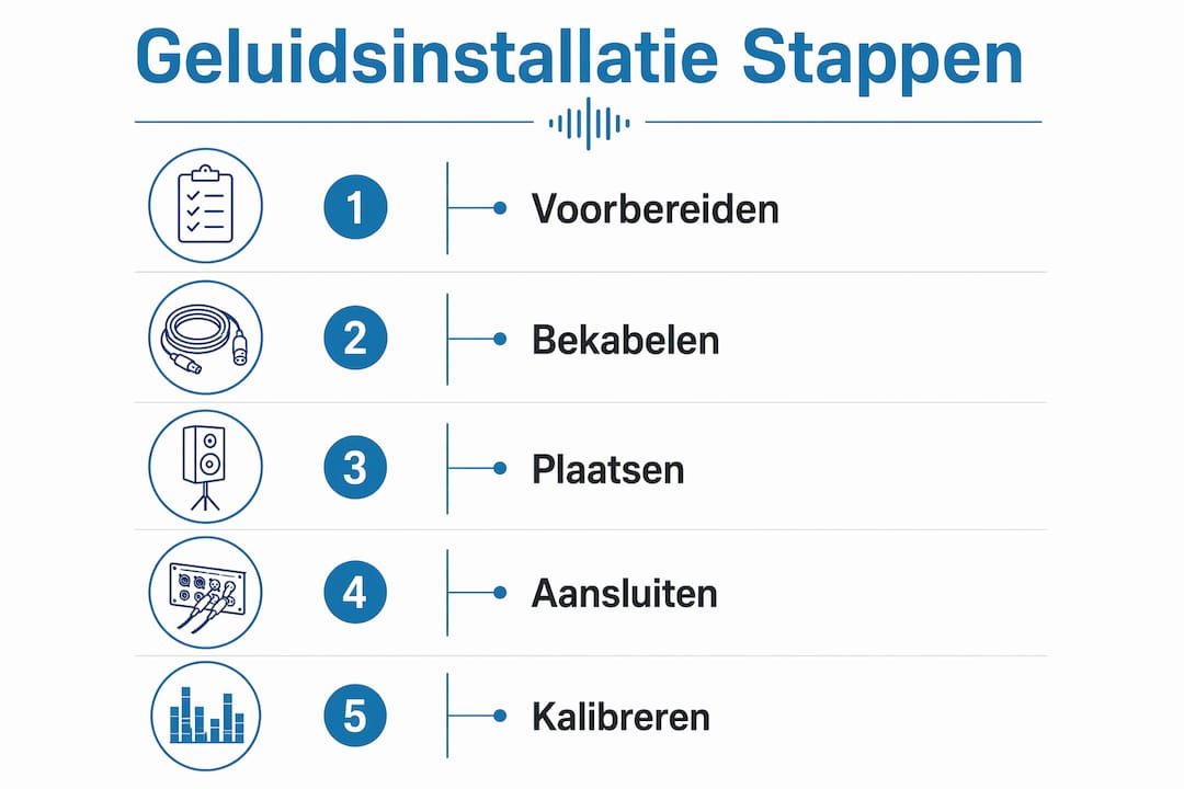 Overzichtelijke infographic met stappenplan voor het installeren van een audiosysteem
