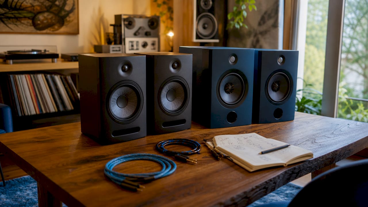 Twee verschillende studiomonitors van dichtbij naast elkaar in beeld